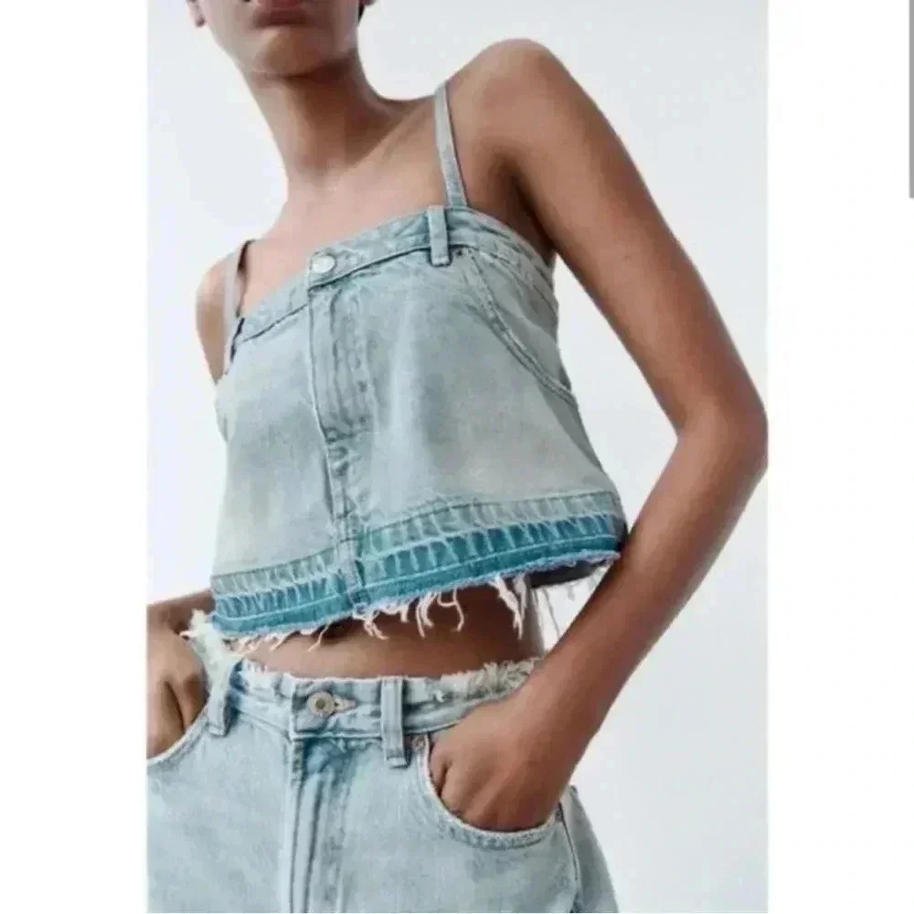 ZARA Denim Crop Top Size Medium NWT - Picture 6 of 11